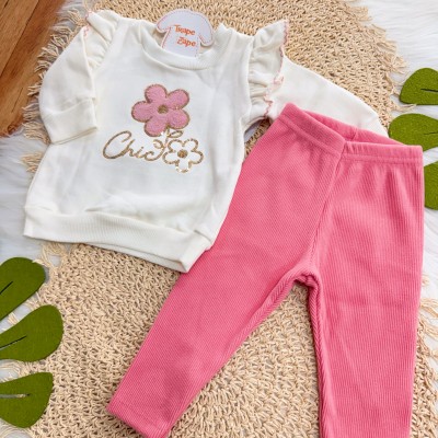 Conj. Casaco de Moletom Chic Flor e Calça Ribana em Plush - Off White e Risa